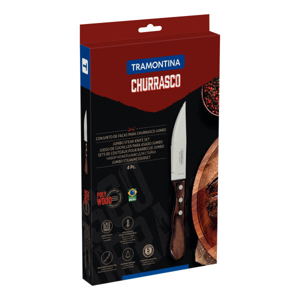 Tramontina Churrasco Steak Knife Jumbo Point Brown Set - 4 Piece 12cm (Pollywood Brown Handle) - 1