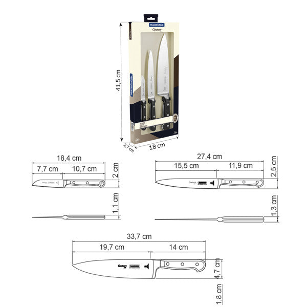 Tramontina Century Knife 3 Piece Set Black - 3