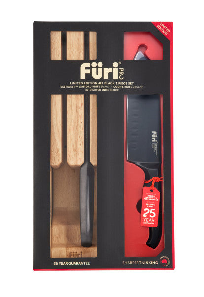Furi Jet Knife Black Set - 3pc Black (East/West™ Santoku 17cm, Cook’s Knife 20cm, In-drawer Block) - 1