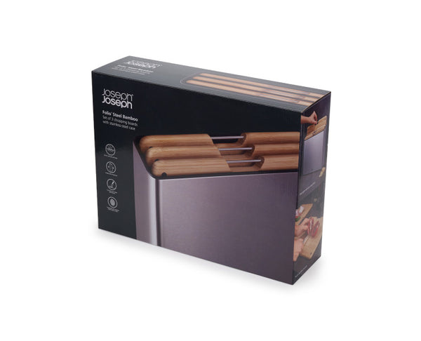 Joseph Joseph Folio Bamboo Chopping Board Set Stainless-Steel Case – 3 Piece - 1