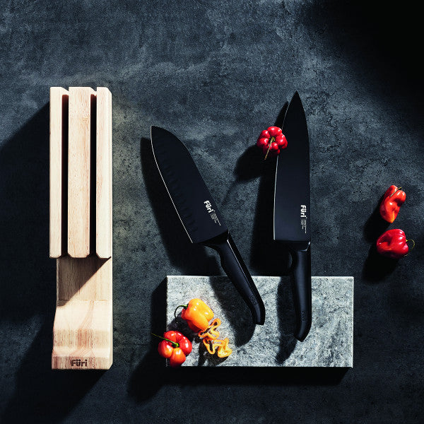 Furi Jet Knife Black Set - 3pc Black (East/West™ Santoku 17cm, Cook’s Knife 20cm, In-drawer Block) - 3