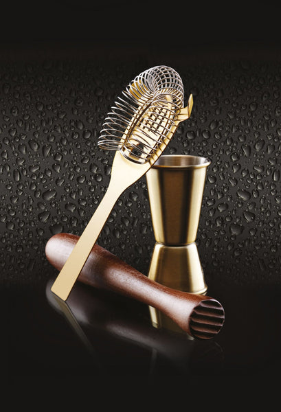 BarCraft Cocktail Set Brass Set - 3 Piece (Measuring Jigger, Cocktail Strainer, Muddler) - 2