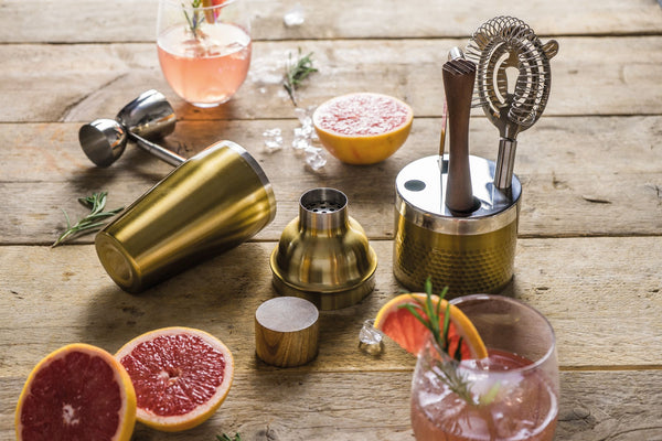 BarCraft Cocktail Set Brass Set - 3 Piece (Measuring Jigger, Cocktail Strainer, Muddler) - 1