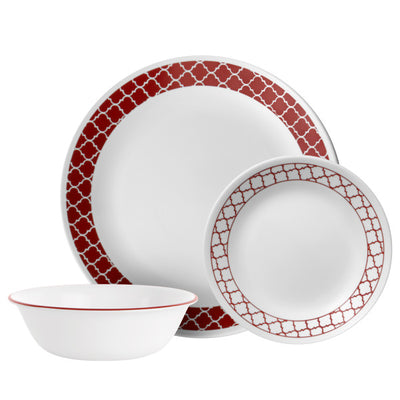 Corelle Crimson Trellis Vitrelle Glass Dinner Set 12pc - (4 x 26cm Dinner Plates | 4 x 21cm Lunch Plates | 4 x 532ml Soup Cereal Bowls)