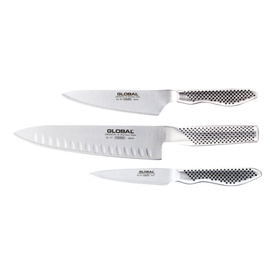 Global Classic 3 Piece Knife Set With Fluted Cooks Knife